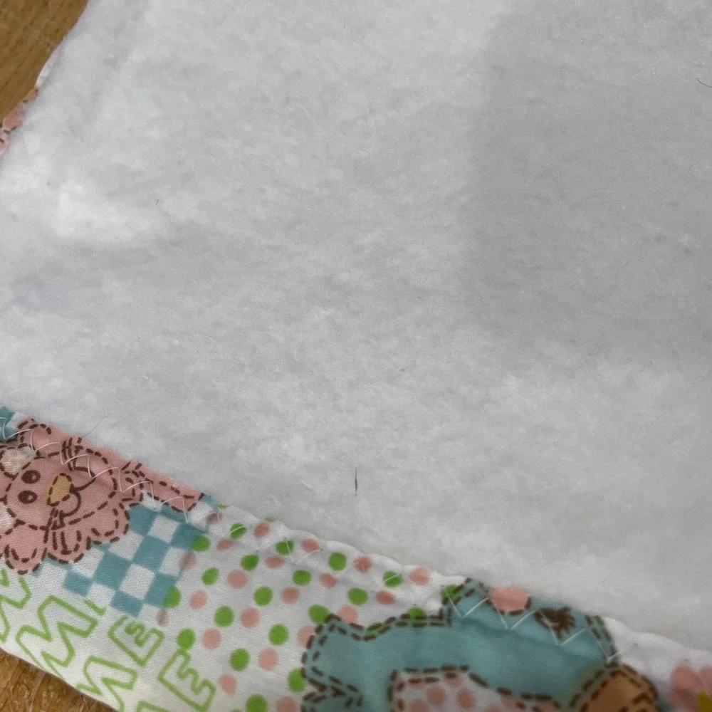 Vtg Handmade Plush Baby Blanket‎ Animal Patchwork Border White Fleece 36x48